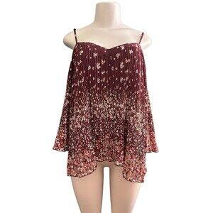 Bohemian Floral Burgundy Cold Shoulder Flutter Sleeve Blouse Size XL